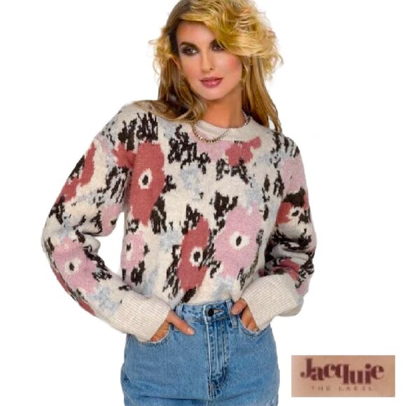 JACQUIE THE LABEL Creamy Beige Floral Jacquard Brushed Knit Boxy Sweater Sz L - Picture 6 of 6